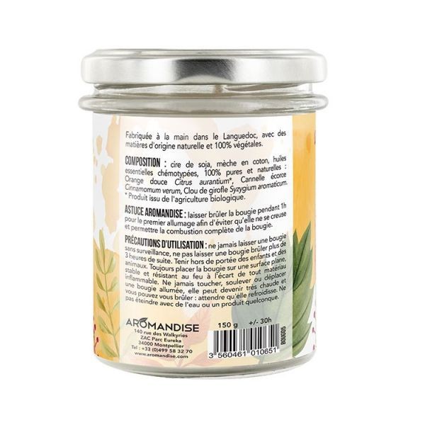 Bougie d'ambiance "Orange-Cannelle" 100% naturelle à la cire de soja, 30h - 150g - Aromandise