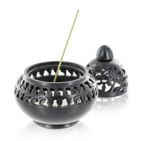 Porte-encens en pierre en dentelle ciselée, "Venise", Noir - Les encens du monde