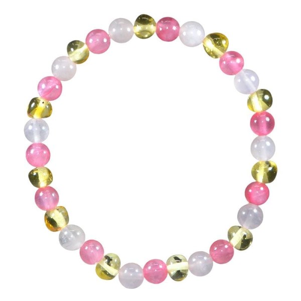 Bracelet en pierre naturelle pour adultes - Ambre Lemon, Calcédoine & Quartz rose - 19cm - Irréversible Bijoux