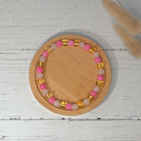 Bracelet en pierre naturelle pour adultes - Ambre Lemon, Calcédoine & Quartz rose - 19cm - Irréversible Bijoux