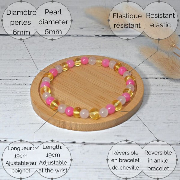Bracelet en pierre naturelle pour adultes - Ambre Lemon, Calcédoine & Quartz rose - 19cm - Irréversible Bijoux
