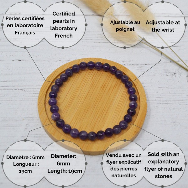 Bracelet en pierre naturelle pour adultes - Améthyste - 19cm - Irréversible Bijoux