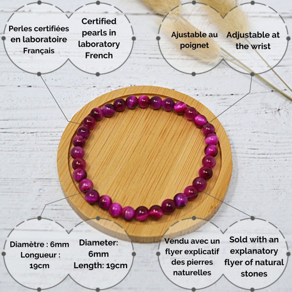 Bracelet en pierre naturelle pour adultes - Œil du Tigre Rose - 19cm - Irréversible Bijoux