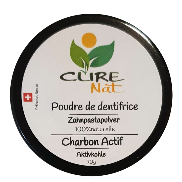 Dentifrice naturel artisanal suisse, en poudre - Au Charbon actif (Blanchissant) - 70g à 1000g (en recharge) - CureNat