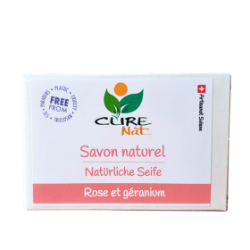Savon artisanal et 100% naturel Suisse, Rose et géranium - 95g - Curenat