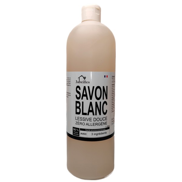 Savon blanc - Lessive liquide douce avec seul. 3 ingrédients et 0 allergènes - 1 Litre - 3 Abeilles