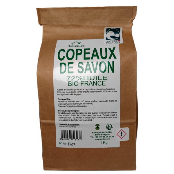 Copeaux de savon de Marseille, 72% d'huile Biologique de tournesol français - 1kg - 3 Abeilles